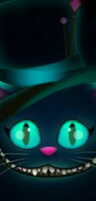 Neon Cheshire Cat with vibrant eyes and hat on a dark background.