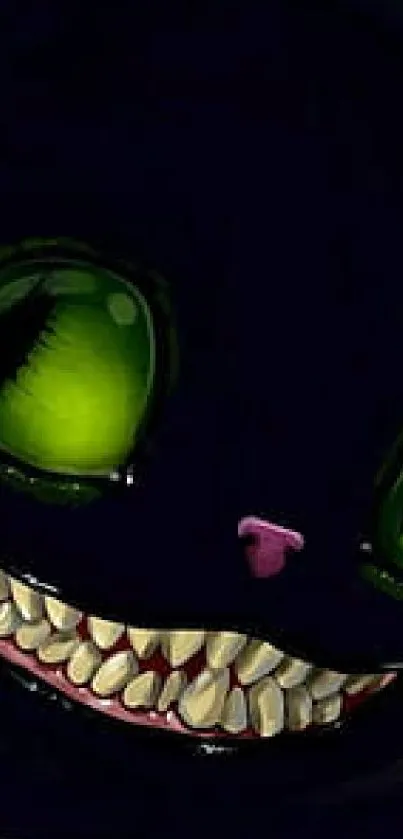 Cheshire Cat with glowing green eyes and a wide grin in a dark setting.