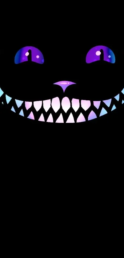 Cheshire Cat with a glowing smile on a purple background.