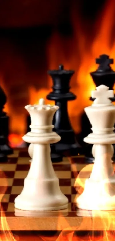 Chess pieces on board with flames in background.