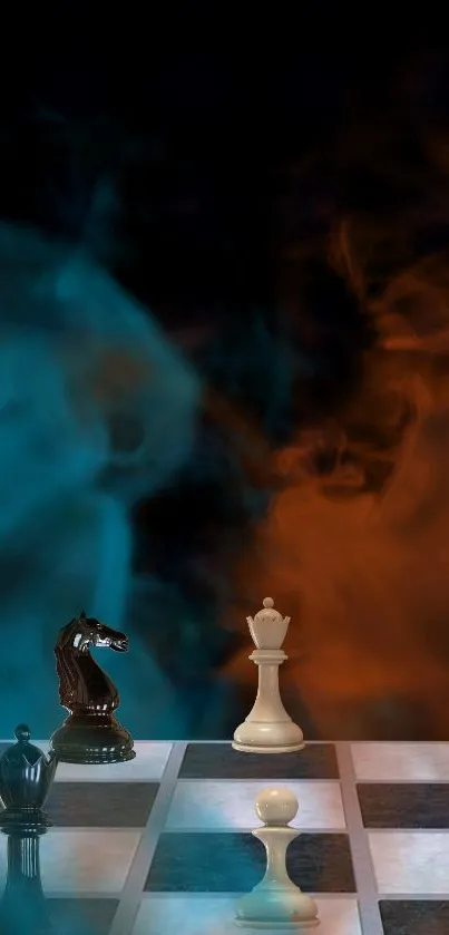 Chess pieces on board with blue and orange smoke.