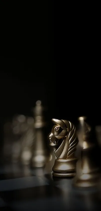 Chess knight piece on a dark chessboard with blurred background.