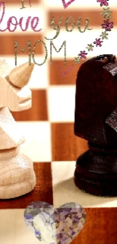 Chess knights and heart on a checkered board with 'love you mom' inscription.