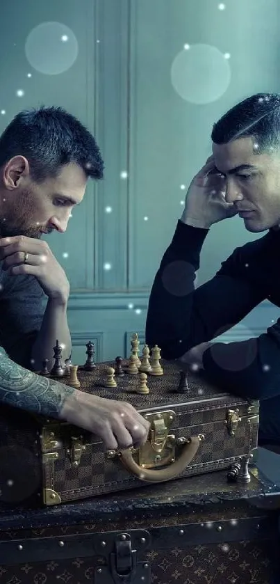 Two individuals playing chess on a suitcase, a blend of style and strategy.