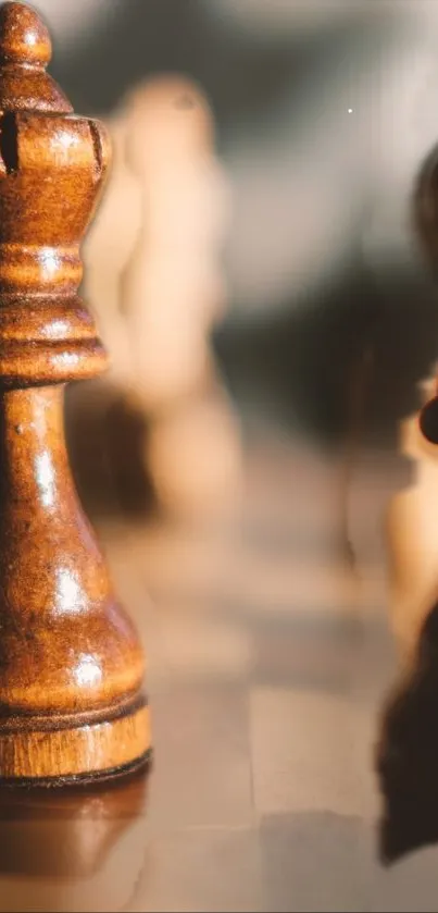 Chess piece on wooden board with soft focus in warm lighting.