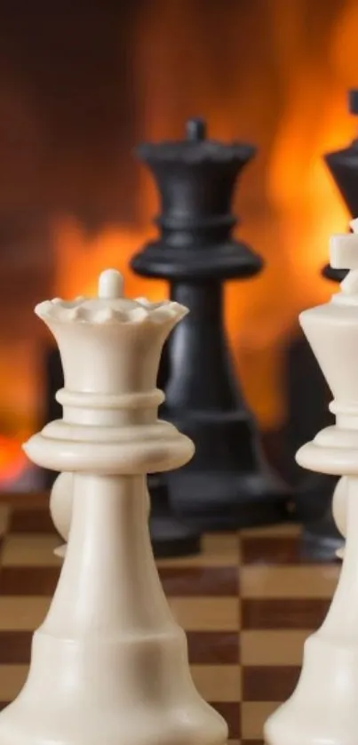 Chess pieces with a fiery background on a chessboard wallpaper.