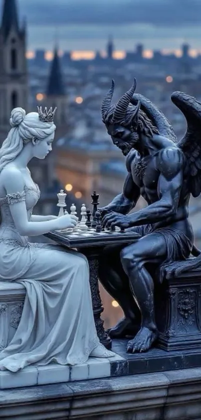 Statues playing chess atop a city skyline.