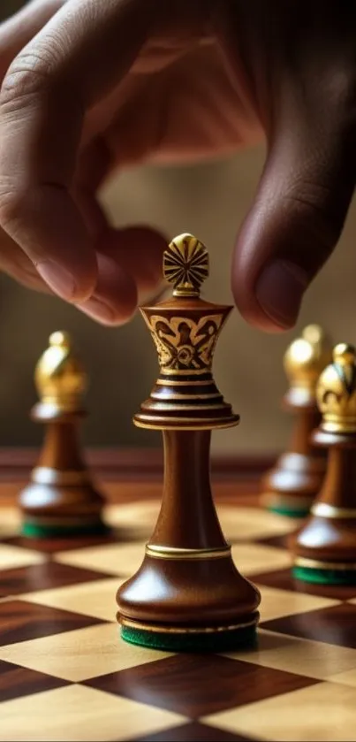 Close-up of a hand moving a queen on a chessboard.