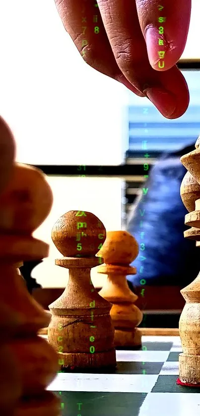 Close-up of a hand moving wooden chess pieces with a digital background.