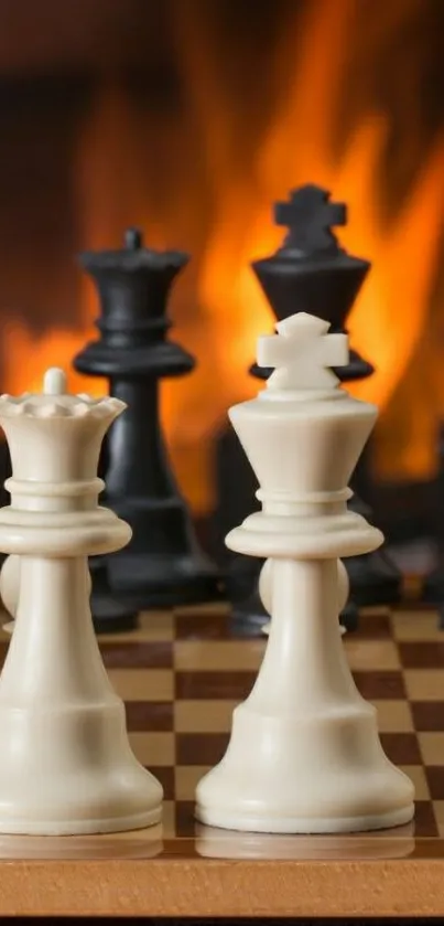 Chess pieces and fiery background on mobile wallpaper.