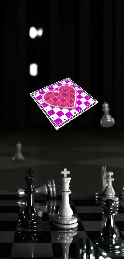 Chessboard with a pink heart card floating above.