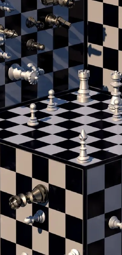 Chessboard with floating pieces and optical illusion in checkered black and white.