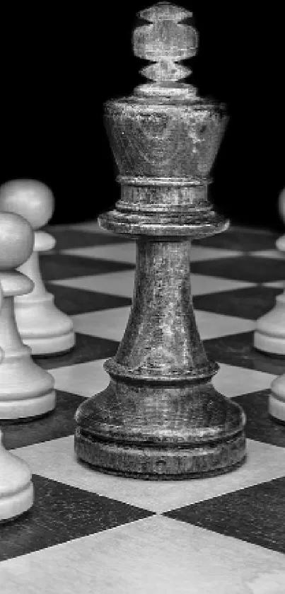 Black and white chess pieces on a chessboard wallpaper.