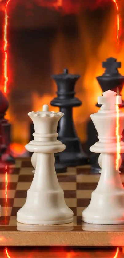 Chessboard with pieces against a fire background.