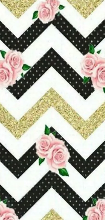 Chevron pattern with pink roses and gold glitter.