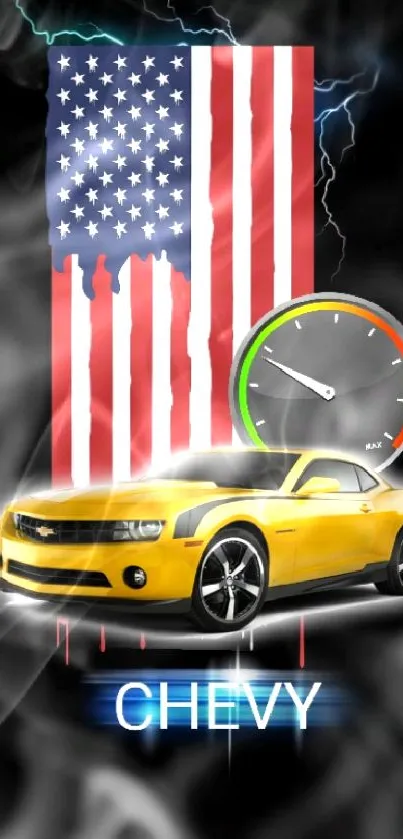 Yellow Chevy car with American flag on black design background.