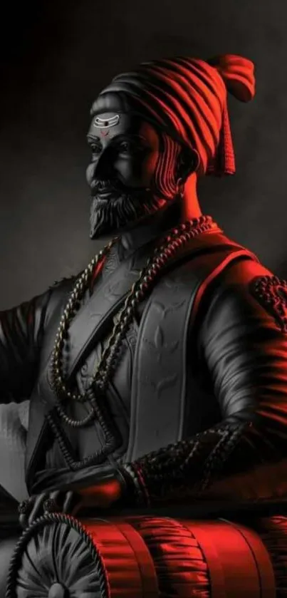 Chhatrapati Shivaji statue with red lighting.