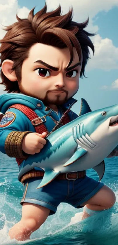 Chibi character on ocean wave with shark in cute adventure scene.