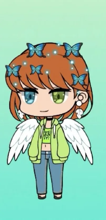 Chibi anime character with butterflies and wings on a light green background.