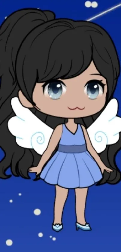 Chibi anime angel with wings in a starry blue sky.