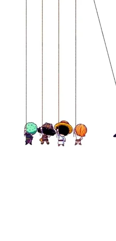 Chibi anime characters hanging from strings on a white background mobile wallpaper.