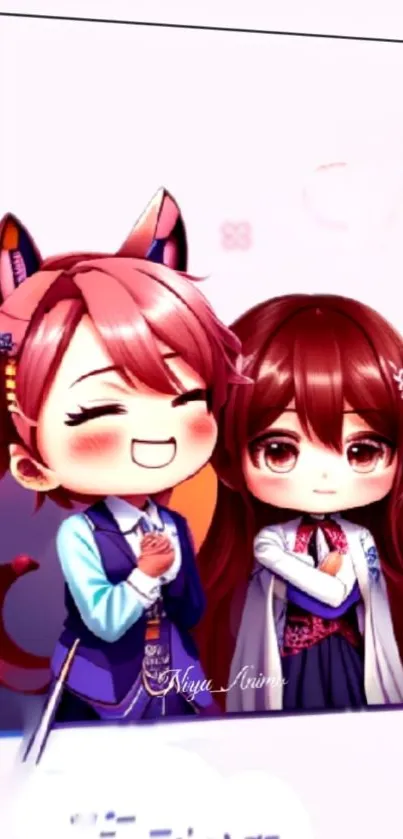 Chibi anime friends with pink and brown hair in a vibrant wallpaper.