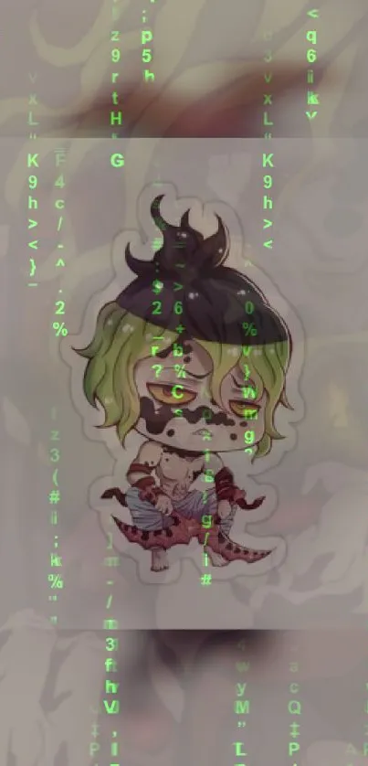 Chibi anime character on Matrix-inspired wallpaper with green coding.