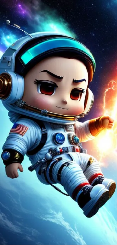 Chibi astronaut floating in colorful space art with a cosmic background.