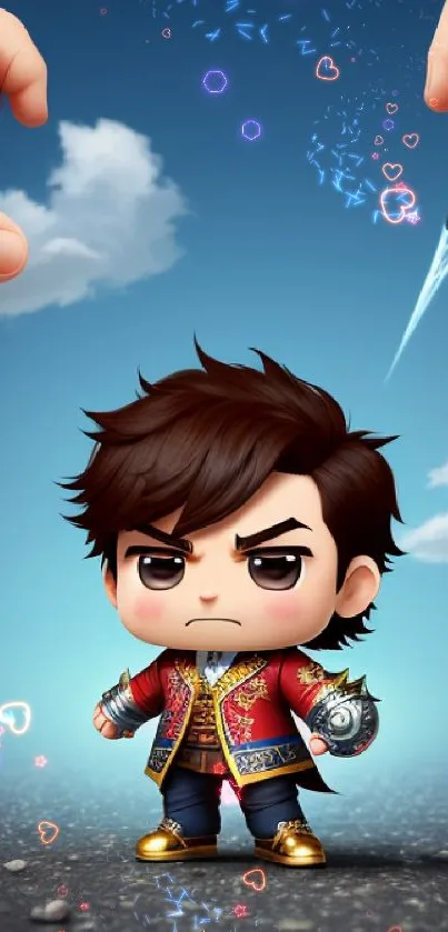 Chibi character art with blue sky background on mobile wallpaper.