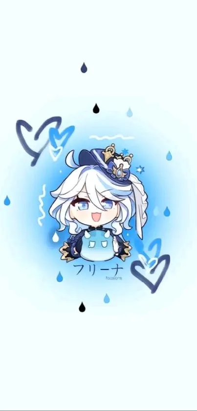 Cute chibi character with light blue background and hearts.