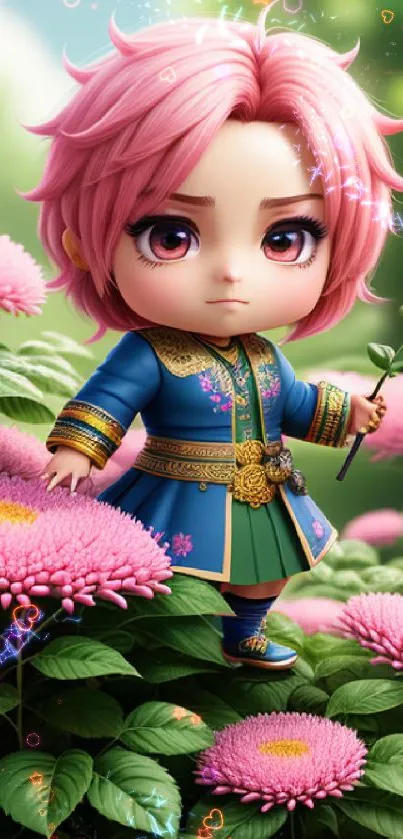 Chibi character holding a flower in a garden of pink blossoms.