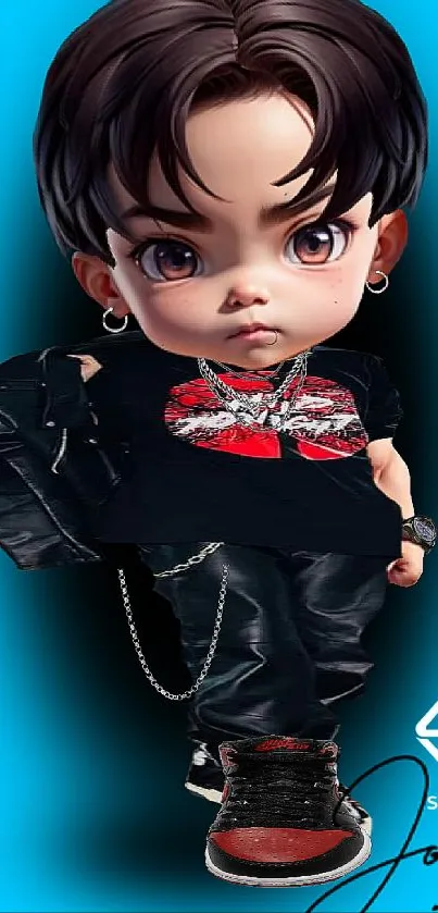 Chibi character with trendy urban outfit in blue-themed mobile wallpaper.