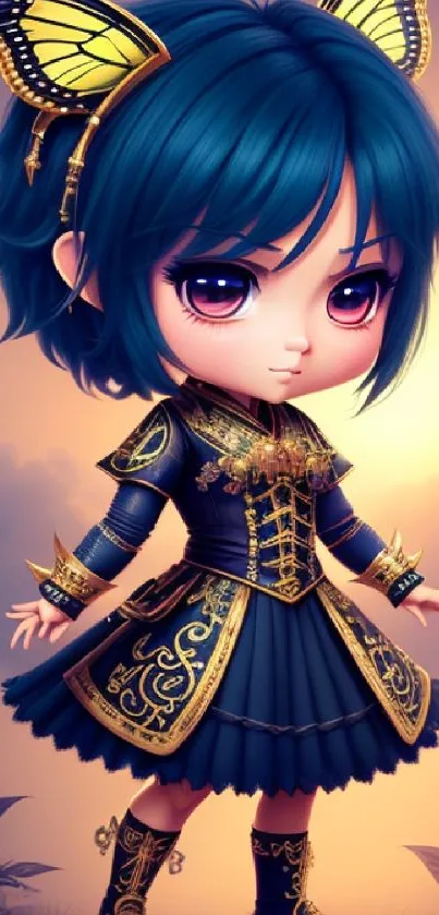 Cute chibi character with blue hair and butterfly theme against a sunset background.