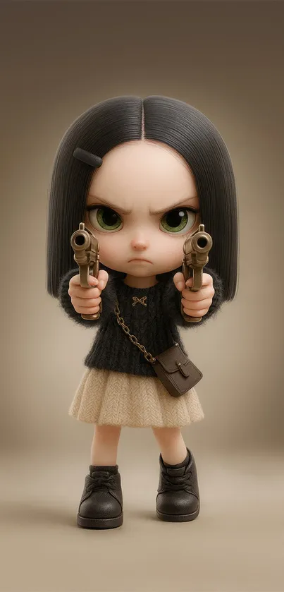 Chibi character with dark hair, holding pistols, on a beige background.