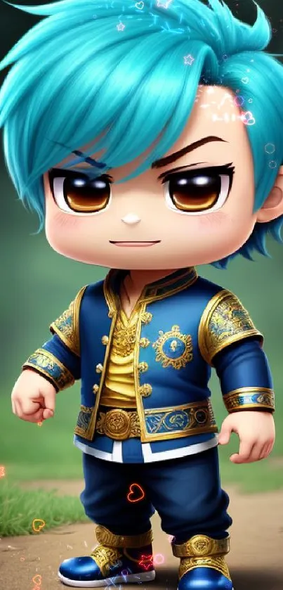 Chibi character with blue hair in ornate attire on a nature background.