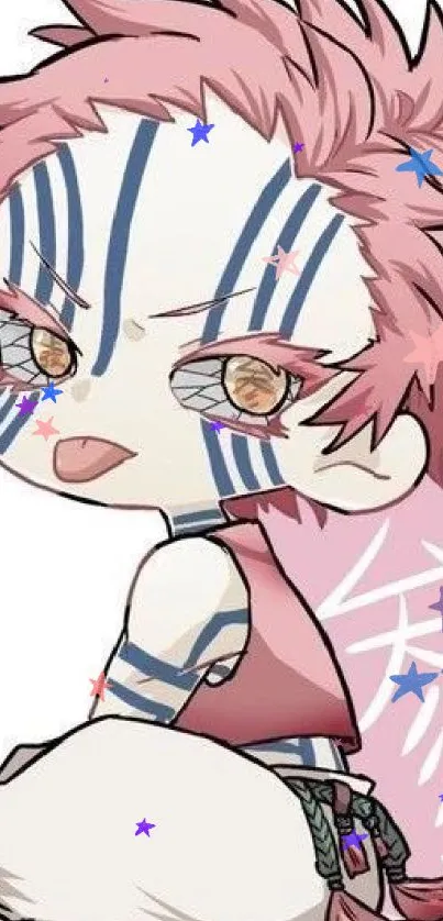 Chibi character with pink hair and blue tattoos on a mobile wallpaper.