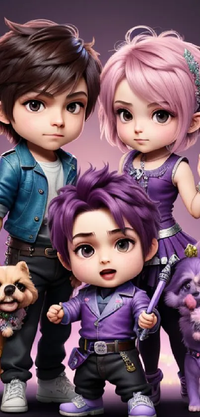 Chibi style anime characters with pets in vibrant outfits on a purple background.