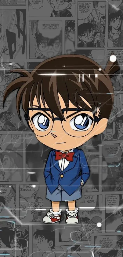 Chibi detective character on manga comic background.