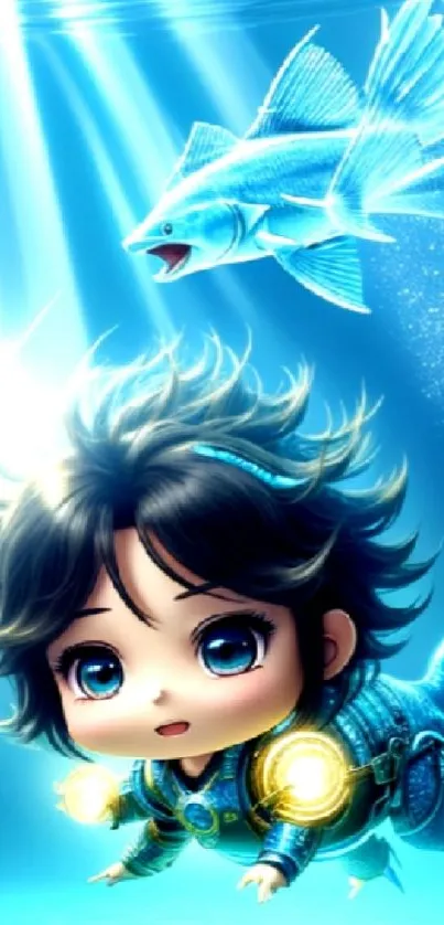 Chibi diver explores ocean with glowing fish in vibrant blue wallpaper.