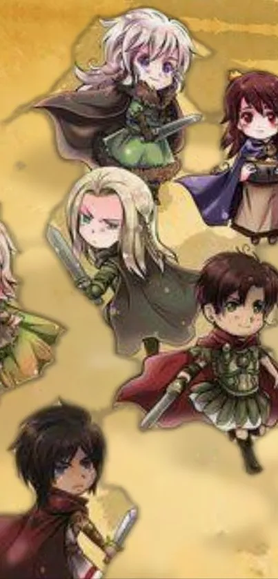 Chibi fantasy warriors on a sepia background.