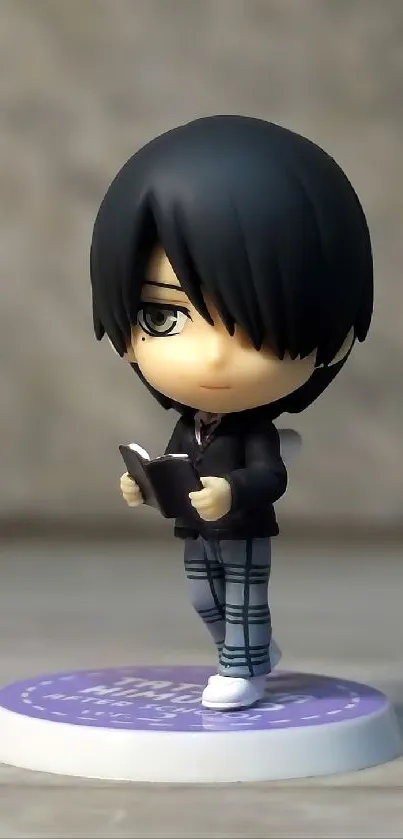 Chibi figure with dark hair on a textured background.