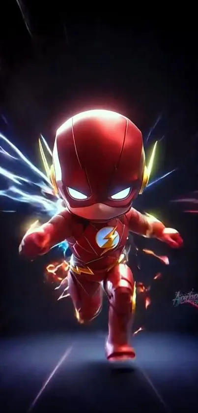 Chibi superhero running with vibrant speed.