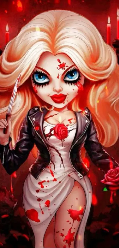 Chibi horror doll with red rose and candles.