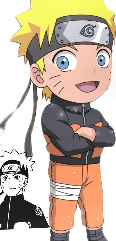 Chibi ninja anime character with orange outfit and spiky hair.