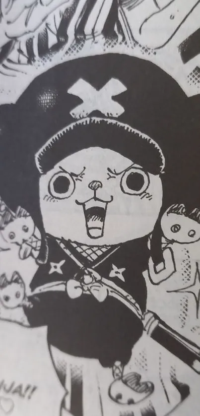 Chibi ninja manga character in black and white style artwork.