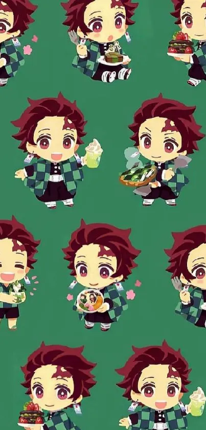 Chibi anime characters on green background wallpaper