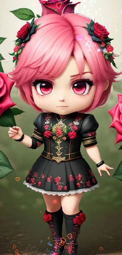 Chibi character with pink hair, surrounded by lush red roses.