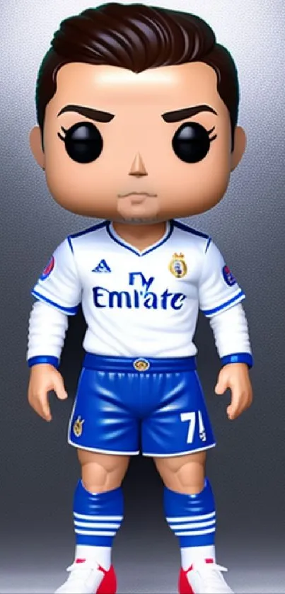 Vibrant chibi soccer star in blue and white on a mobile wallpaper.