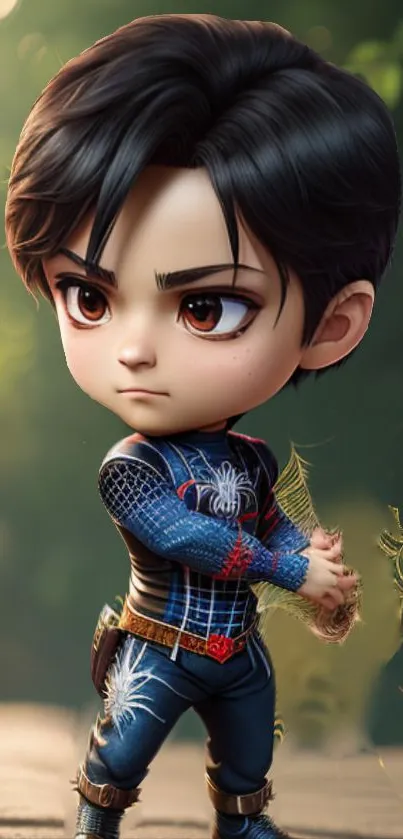 Adorable chibi superhero holding web, set in a vibrant forest scene.