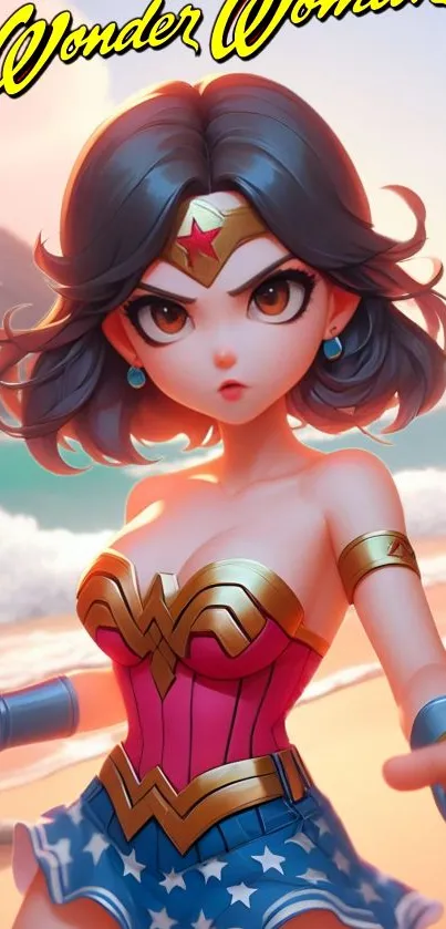 Chibi Wonder Woman on beach with vibrant colors.